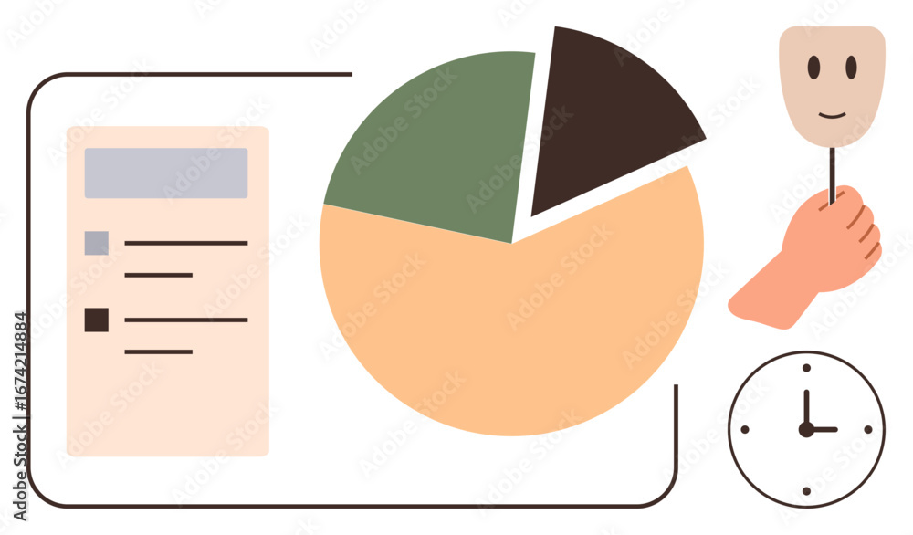 Poster pie chart and task list for analysis, smiling face mask in hand for emotions, clock for time. ideal 