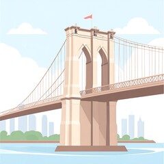 Fototapeta premium A serene illustration of a suspension bridge, showcasing architectural details and a tranquil cityscape backdrop.