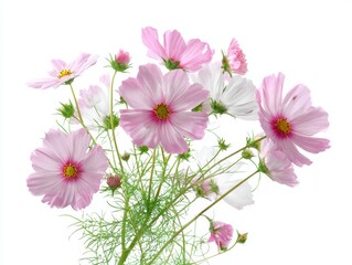 A close-up view of a bouquet of delicate pink and white cosmos flowers against a white background.