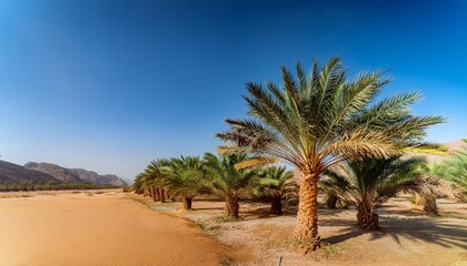cluster of tall date palm trees stand in a sunlit oasis near amlag saudi arabia captured on a clear february morning the green fronds contrast with the arid desert backdrop and bright blue sky in 2