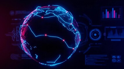 Globe with connected data points and surrounding digital graphs illuminated with neon blue and pink light - Powered by Adobe