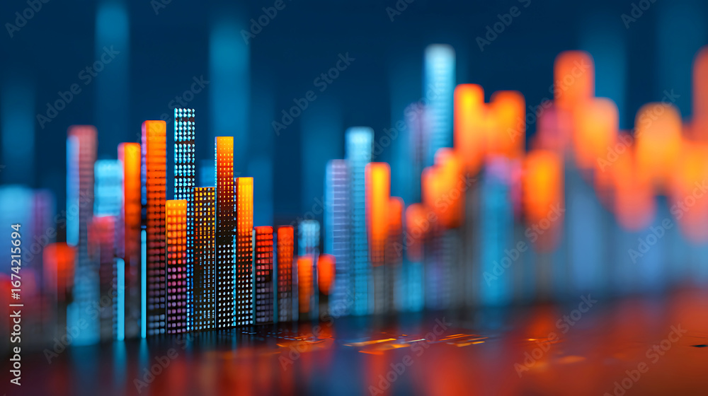 Poster abstract financial data visualization with glowing bars and reflections