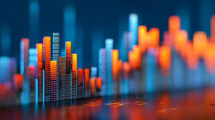 Abstract financial data visualization with glowing bars and reflections