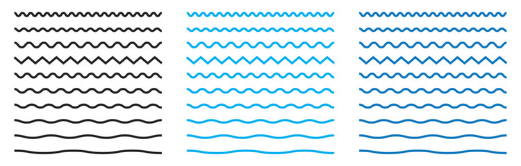 Wave line and wavy zigzag pattern lines. Vector black underlines, smooth end squiggly horizontal curvy squiggles on white background.