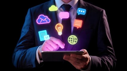 Businessman using tablet with neon digital icons such as cloud, communication, and ideas, representing innovation, global business, and digital transformation