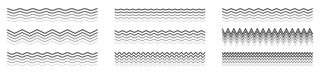 Set of wavy zigzag lines. Wave thin line background. Vector zigzag and wavy blue horizontal underline. Vector illustration 