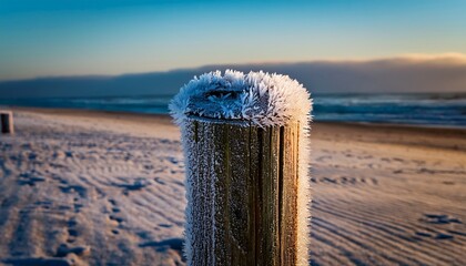 frost coats a weathered wooden post in the sand on a cold day use for themes like winter nature textures or seasonal elements