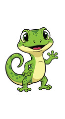 Obraz premium Cartoon gecko waves hello with a friendly smile. Cartoon character, reptile, lizard, happy, smiling, fun