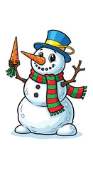 Cartoon snowman holds carrot, wearing hat and scarf. Winter, holiday, christmas, fun, cold, snow, frosty, character, art