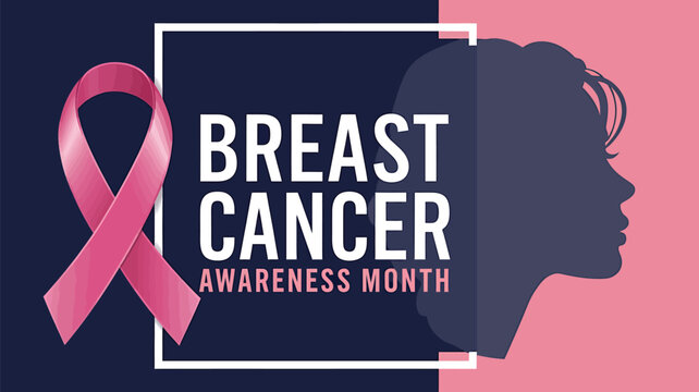 Vector art of breast cancer awareness month graphic with pink ribbon and woman silhouette