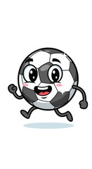 Obraz premium Happy soccer ball cartoon character runs and smiles. Sports, fun, energy, game, mascot, cheerful, athletic, activity, competition.