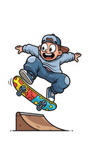 Cartoon skater performs trick on ramp. Skateboarding, freestyle, recreation, sports, fun, youth, action, extreme sports, adventure.