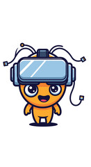 Obraz premium Cartoon character wears a VR headset and smiles. Virtual reality, metaverse, gaming, technology, innovation, digital, avatar, futuristic.