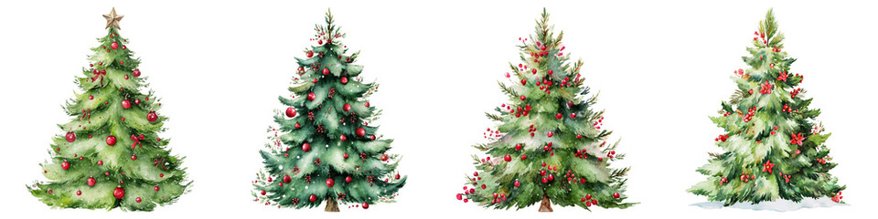 Fototapeta premium Festive watercolor christmas tree clipart with holly ornaments for wintertime invitations
