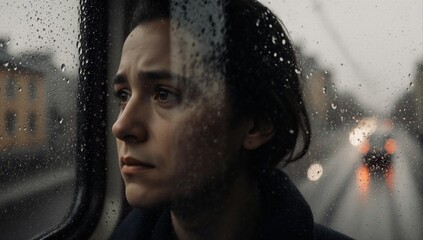 Sad person pensively looking out a rainy window on a bus.