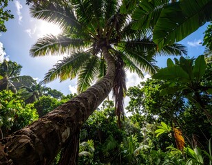 Lush tropical forest with a towering palm tree