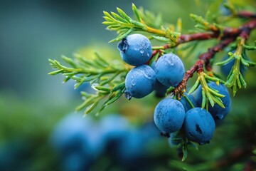 Juniper branches with berries. Blue berries on tree of juniper with green nature blurred background. Bunch of juniper berry in autumn. Juniperus scopulorum. Semi-fleshy, bluish cones. Officinal plant