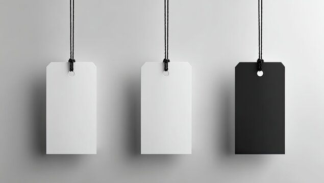 Three blank rectangular tags, white and black, hanging from thin black cords, on a light gray background