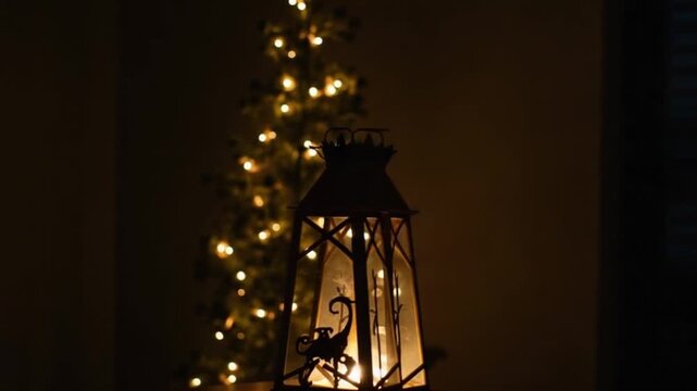 Christmas Lantern Dimly Illuminates The Light Off Tree At Night In The Room
