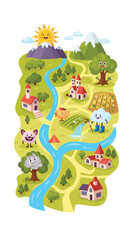 Cartoon map illustration. Fantasy world with smiling sun, characters, houses, river. Kids adventure, fun, playful, whimsical, nature, landscape, countryside, exploration.