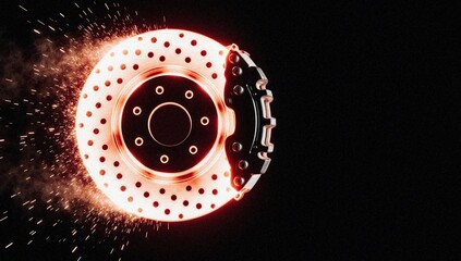 Glowing hot high-tech ceramic brake disc with flying sparks on black.