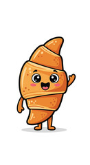 Cartoon croissant character waves hello. Bakery mascot, food illustration, cute, happy, breakfast, pastry, bread, delicious, smile