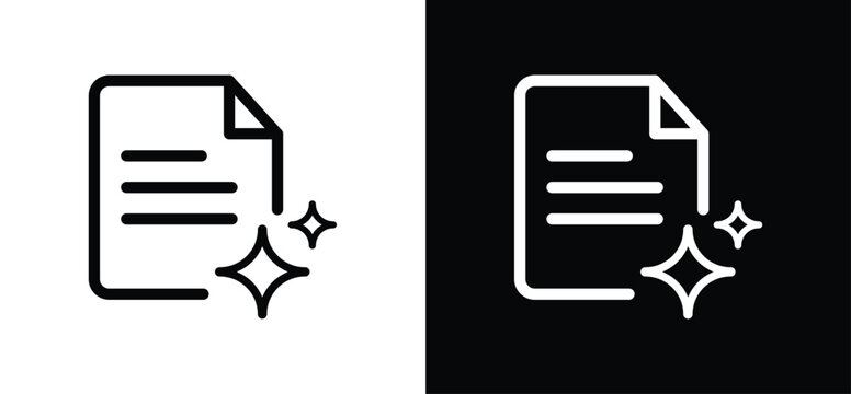 Set of AI document icons, minimalist line vector page with text lines and sparkle stars, symbols for writing, edit and content tools for app and web UI. Vector illustration.