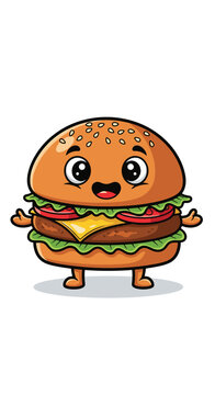 Naklejki Cartoon burger stands smiling. Cute food, fast food character, happy meal, funny mascot, kids illustration, burger with face.