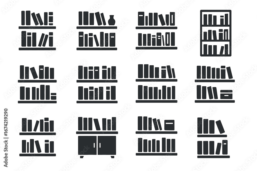 Poster collection of minimalist bookcase icons in various styles and layouts