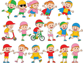 Happy cartoon kids playing, running, cycling, scootering, wearing colorful outfits, superhero capes, joyful expressions, outdoor fun, childhood activity, smiling faces