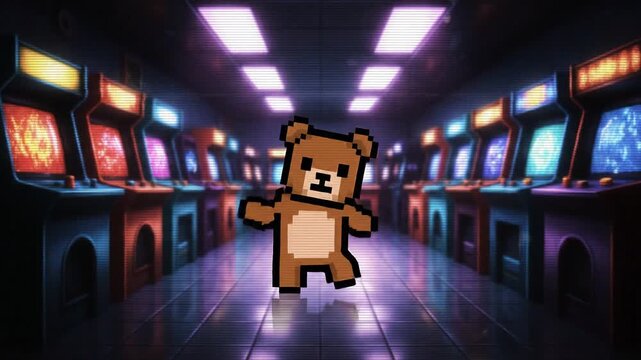Neon arcade alley is shown as a joyful bear is seen performing loop steps with soft CRT bloom nostalgic