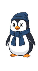Penguin wears hat and scarf, looks cute! Winter animal, bird, cartoon, character, adorable, cold weather, nature, illustration, clothing, blue, white, fluffy