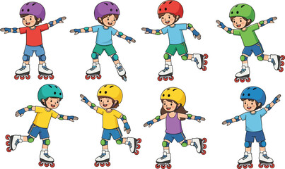 Happy children roller skating, wearing helmets and safety gear, outdoor activity, kids sport, cartoon illustration, isolated, vector, colorful, fun