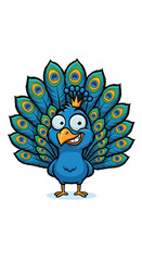 Cartoon peacock struts proudly with royal crown and plumage. Funny character, mascot, bird, zoo, cute, happy, illustration.