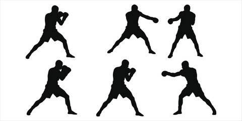 Six Black Silhouettes of Boxers in Action Poses on White Background boxing fighter