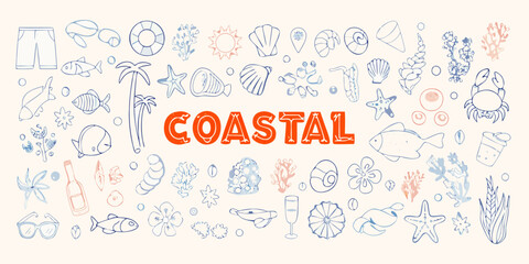 Whimsical coastal collection featuring the word coastal surrounded by marine life and beach elements