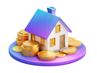 3D illustration of a house atop stacks of gold coins