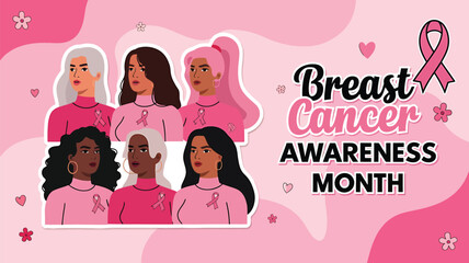 Vector art of breast cancer awareness month celebrated with a diverse group of women showing support and solidarity, featuring pink ribbons and floral elements