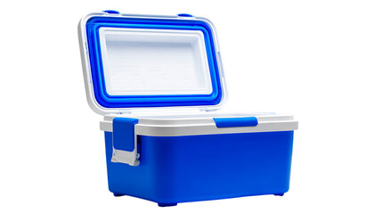 Blue and white portable cooler box with open lid for keeping food and drinks cold on white...
