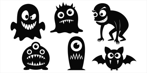 Six Black Silhouettes Of Cartoon Monsters And Creatures ghost alien