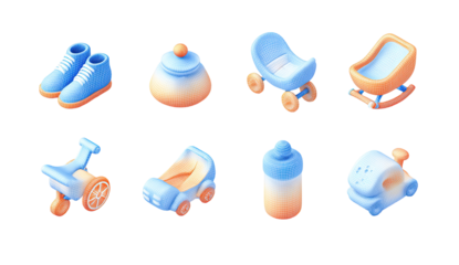 Cute baby items isometric icons