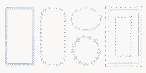 Collection of decorative hand drawn blue watercolor frames and borders with various shapes and patterns