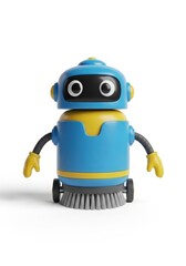 Fototapeta premium A cute blue and yellow toy robot with big eyes and bristle wheels stands on a white surface