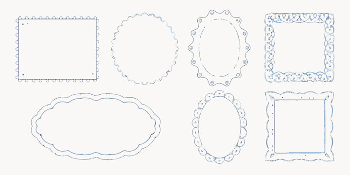 Collection of six hand drawn decorative frames and borders in various shapes and styles