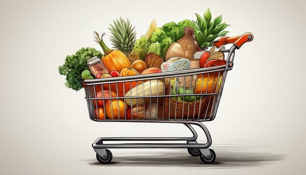 shopping cart with grocery item in white background