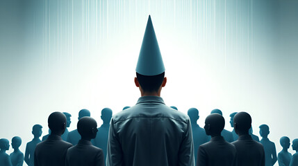 A person with a dunce cap on their head standing in the middle of a circle of people. Psychology art concept. AI generation