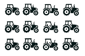 Collection of twelve tractor silhouettes on white background