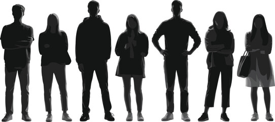 Silhouettes of diverse people in line, modern clothing style, dramatic lighting, black and white illustration, anonymity, urban concept, isolated background