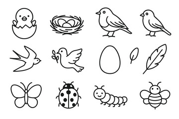 Outline drawings of birds, insects, and egg with simple black lines