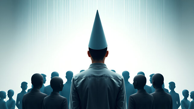 A person with a dunce cap on their head standing in the middle of a circle of people. Psychology art concept. AI generation